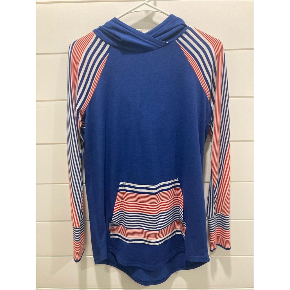 LuLaRoe Amber Lightweight Hoodie-Blue Red White Stripes-Size S-Patriotic- GUC